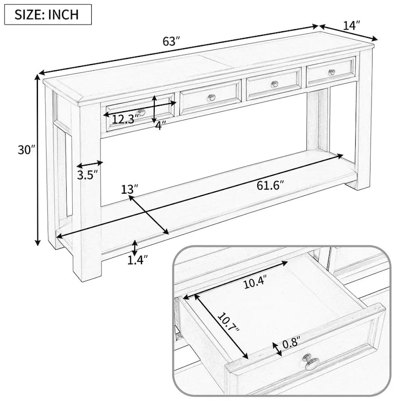 Console en bois massif avec 4 tiroirs et étagère de rangement inférieure