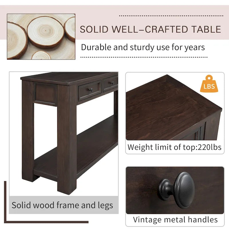 Console en bois massif avec 4 tiroirs et étagère de rangement inférieure