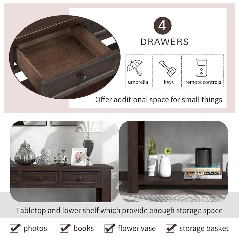Console en bois massif avec 4 tiroirs et étagère de rangement inférieure