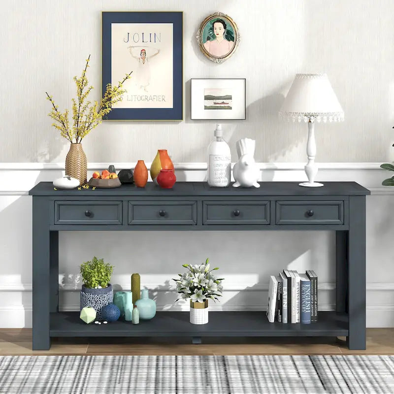 Console en bois massif avec 4 tiroirs et étagère de rangement inférieure