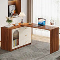 Bureau informatique moderne aspect bois avec tiroirs et armoire de rangement, Marron