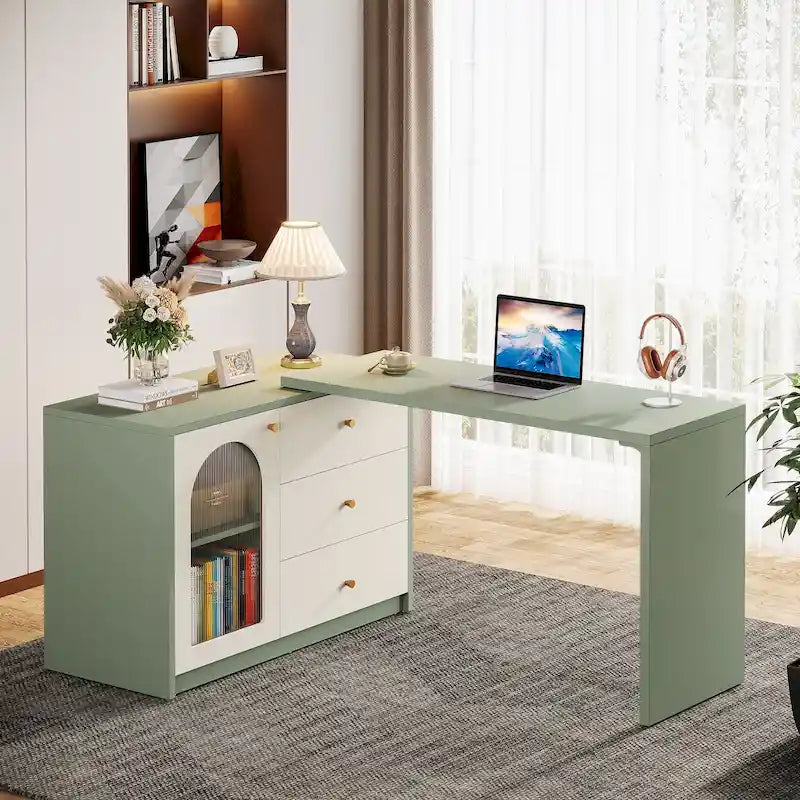 Bureau informatique moderne aspect bois avec tiroirs et armoire de rangement, Marron