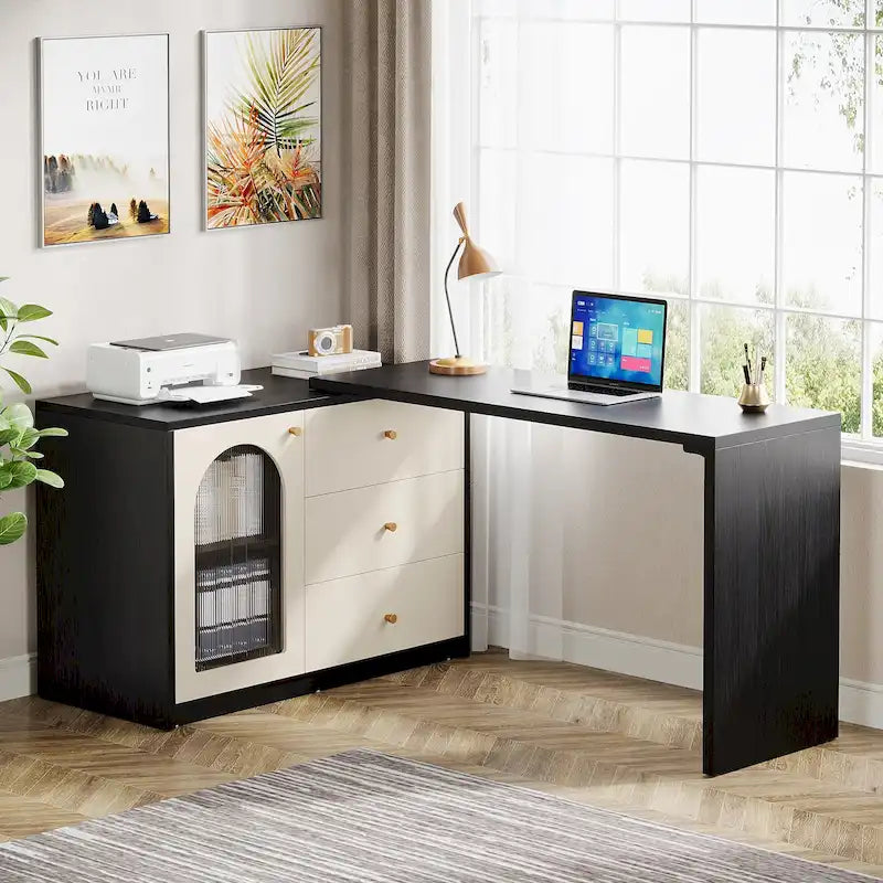 Bureau informatique moderne aspect bois avec tiroirs et armoire de rangement, Marron