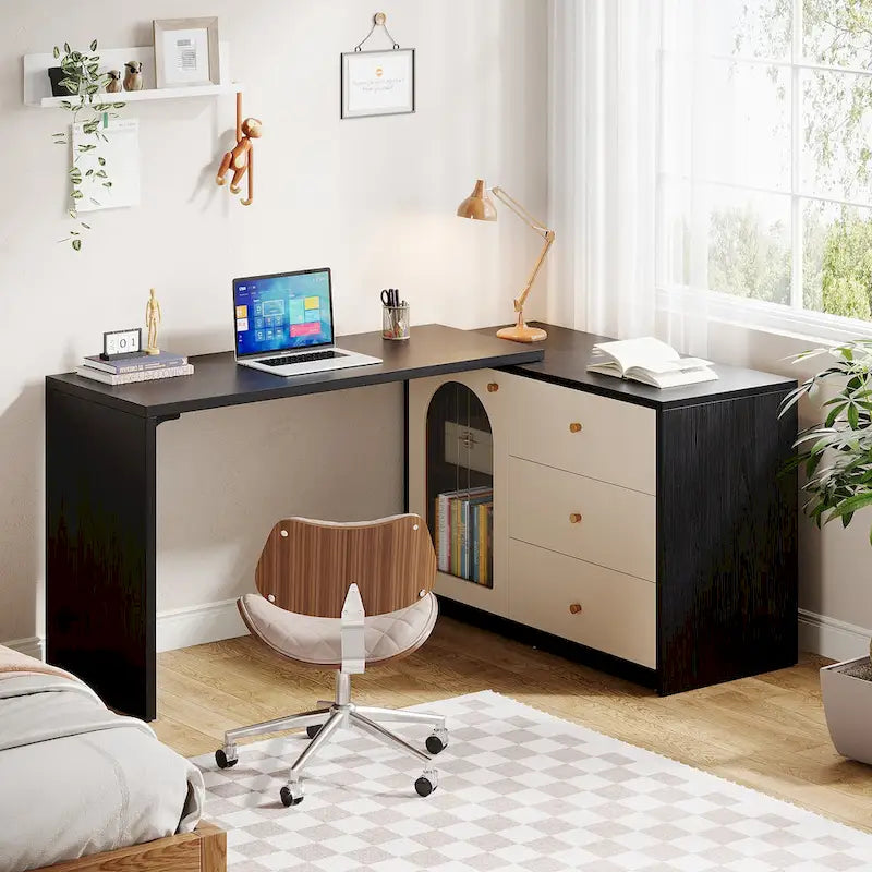 Bureau informatique moderne aspect bois avec tiroirs et armoire de rangement, Marron