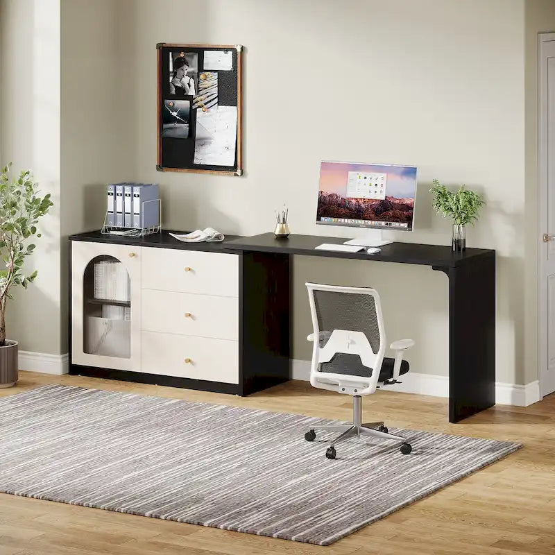 Bureau informatique moderne aspect bois avec tiroirs et armoire de rangement, Marron