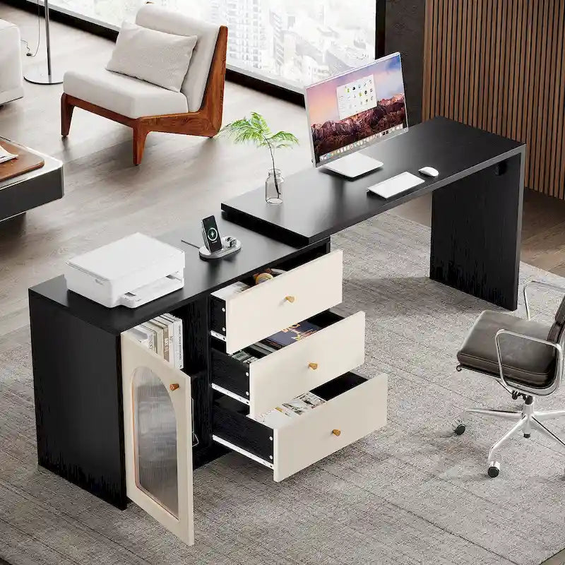 Bureau informatique moderne aspect bois avec tiroirs et armoire de rangement, Marron