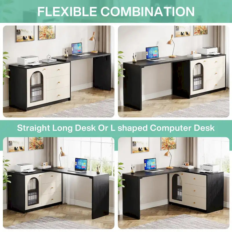 Bureau informatique moderne aspect bois avec tiroirs et armoire de rangement, Marron