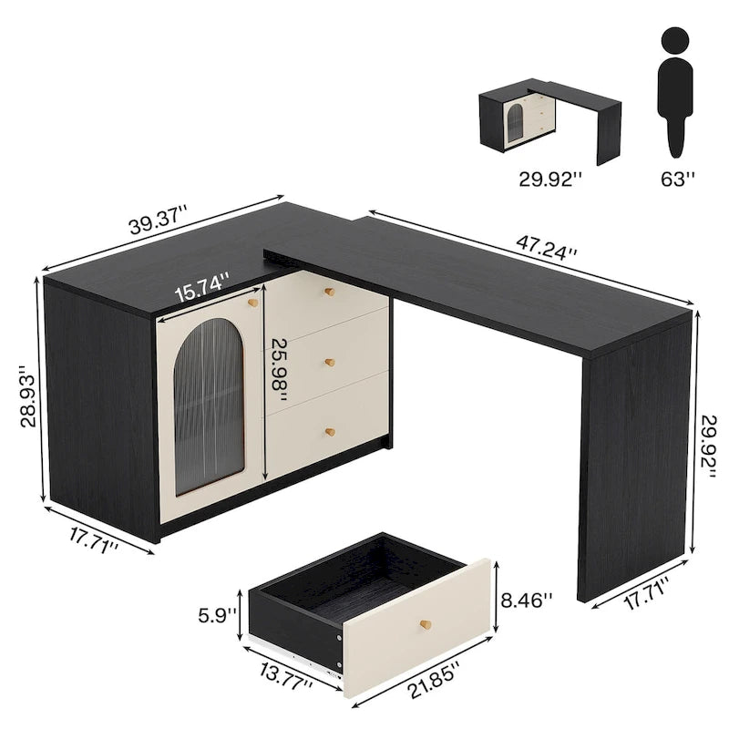 Bureau informatique moderne aspect bois avec tiroirs et armoire de rangement, Marron