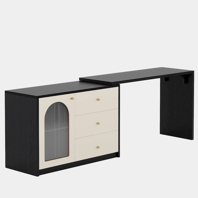 Bureau informatique moderne aspect bois avec tiroirs et armoire de rangement, Marron