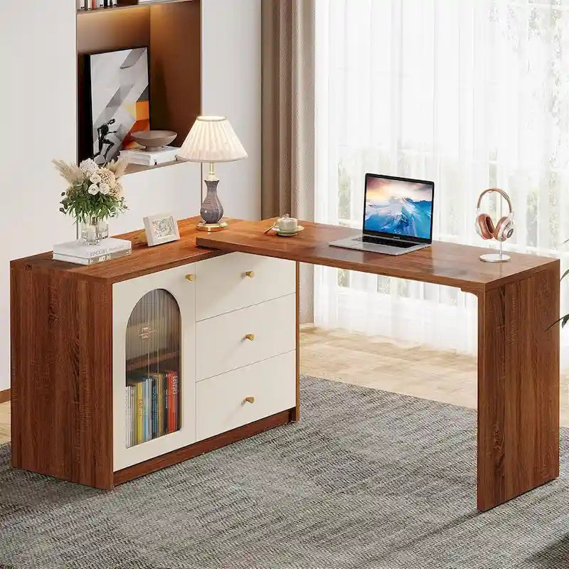 Bureau informatique moderne aspect bois avec tiroirs et armoire de rangement, Marron