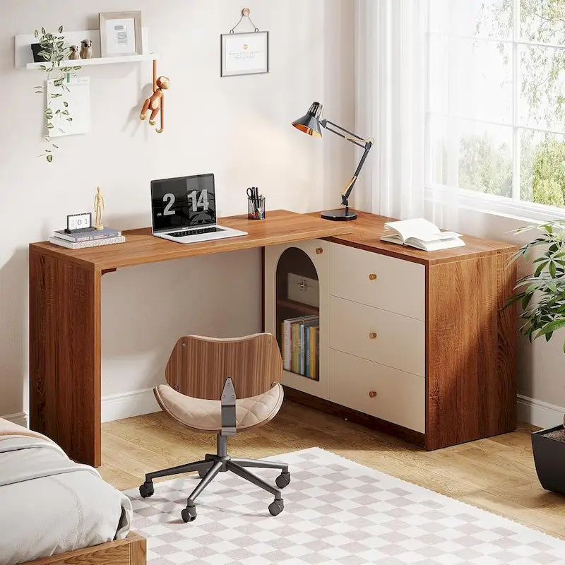 Bureau informatique moderne aspect bois avec tiroirs et armoire de rangement, Marron