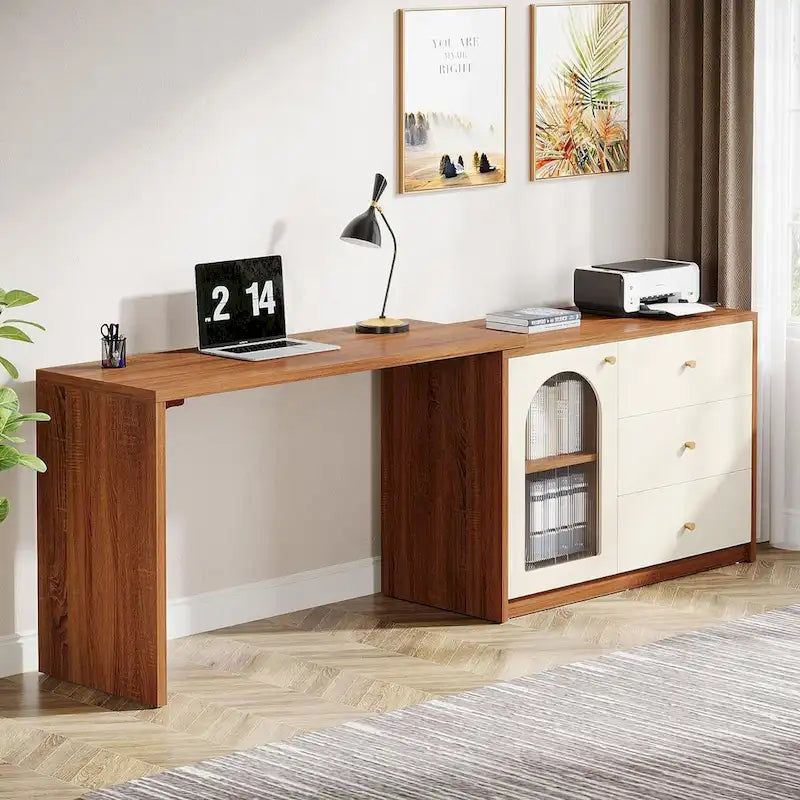 Bureau informatique moderne aspect bois avec tiroirs et armoire de rangement, Marron