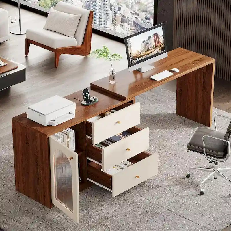 Bureau informatique moderne aspect bois avec tiroirs et armoire de rangement, Marron