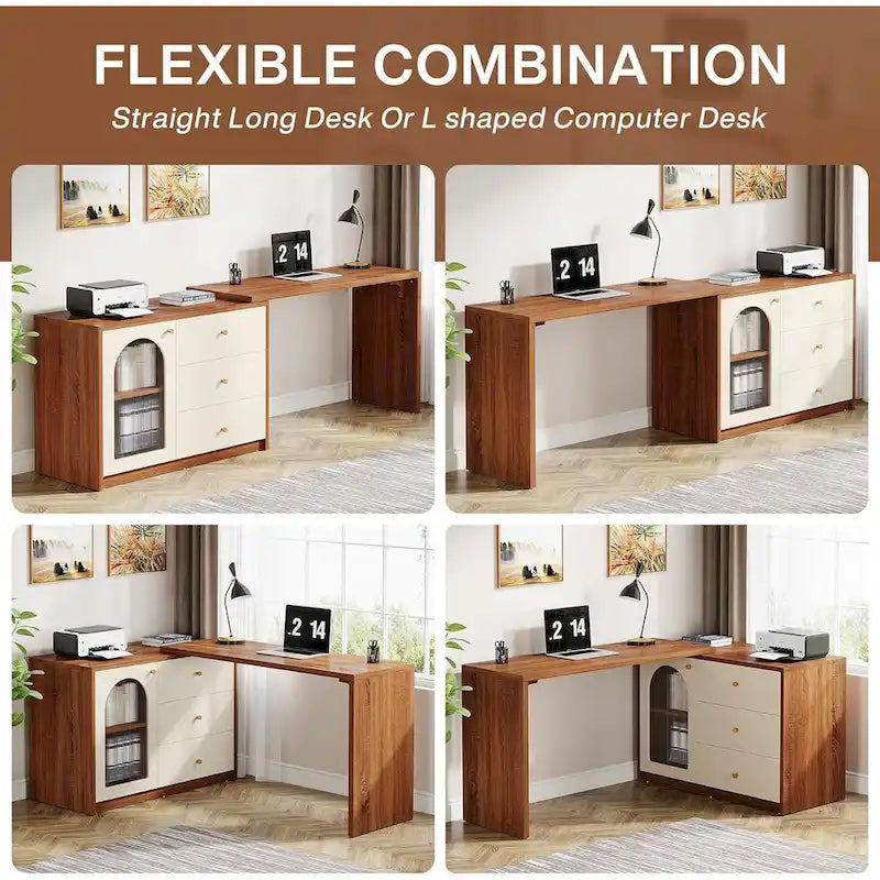 Bureau informatique moderne aspect bois avec tiroirs et armoire de rangement, Marron