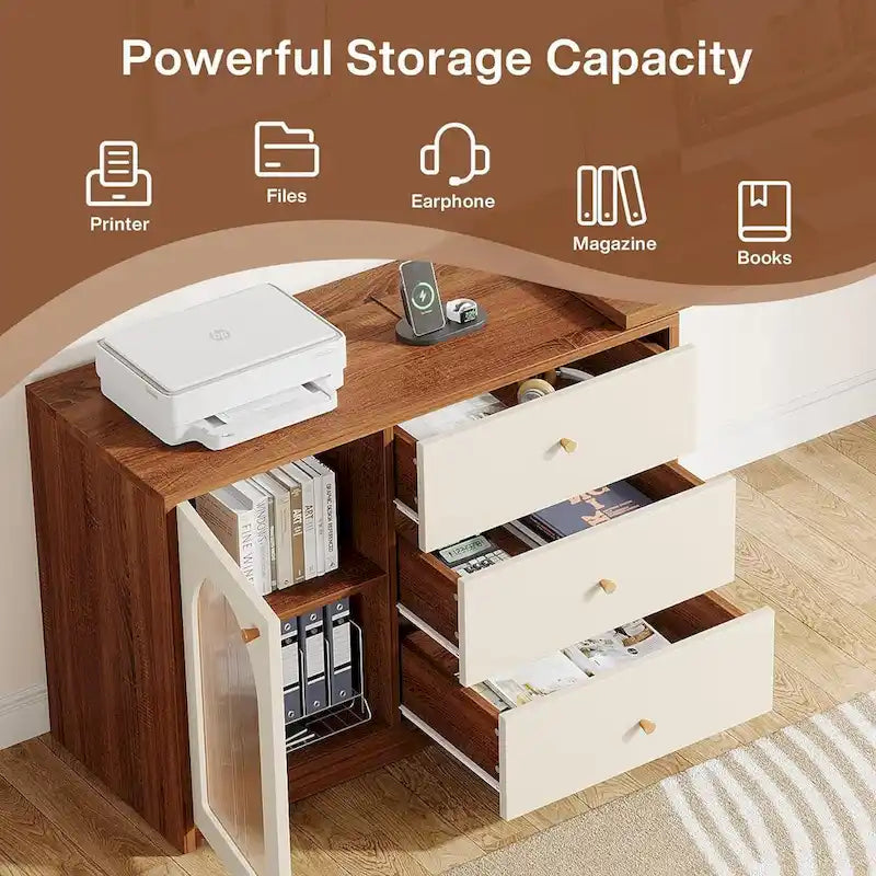 Bureau informatique moderne aspect bois avec tiroirs et armoire de rangement, Marron
