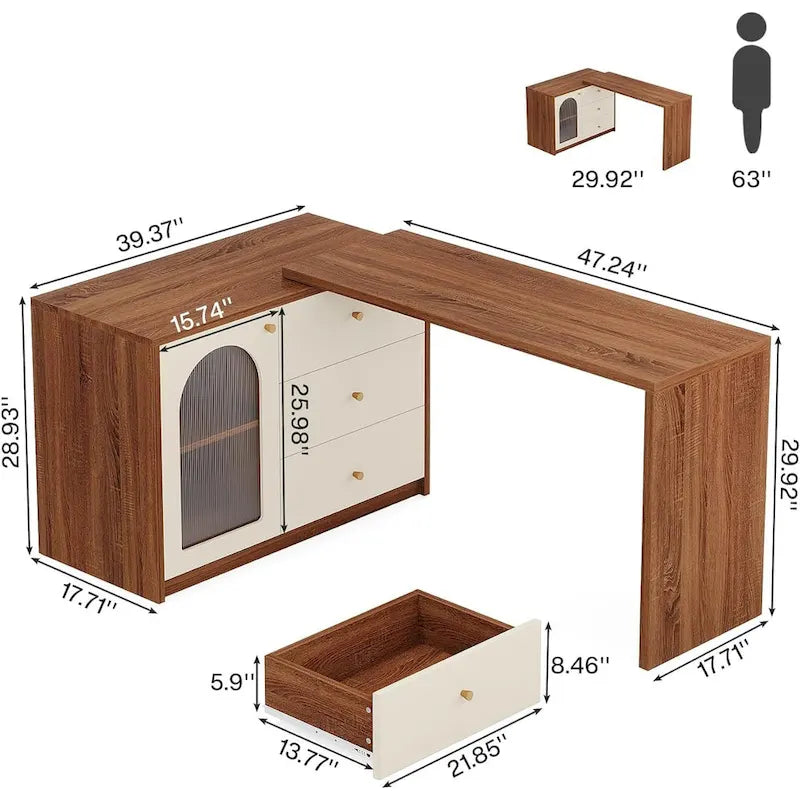 Bureau informatique moderne aspect bois avec tiroirs et armoire de rangement, Marron