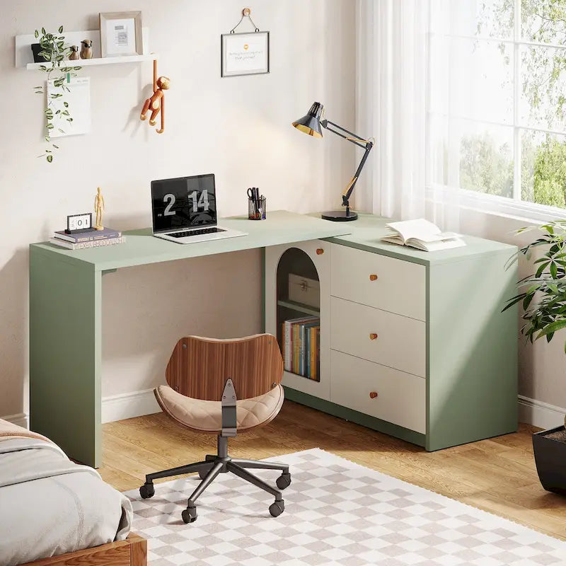 Bureau informatique moderne aspect bois avec tiroirs et armoire de rangement, Marron