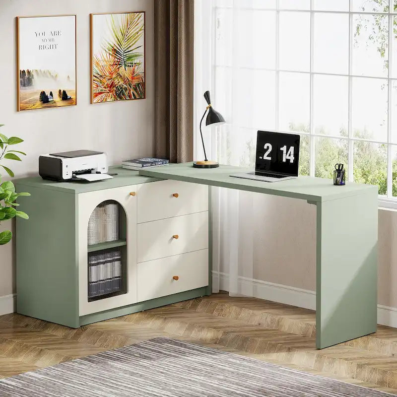 Bureau informatique moderne aspect bois avec tiroirs et armoire de rangement, Marron