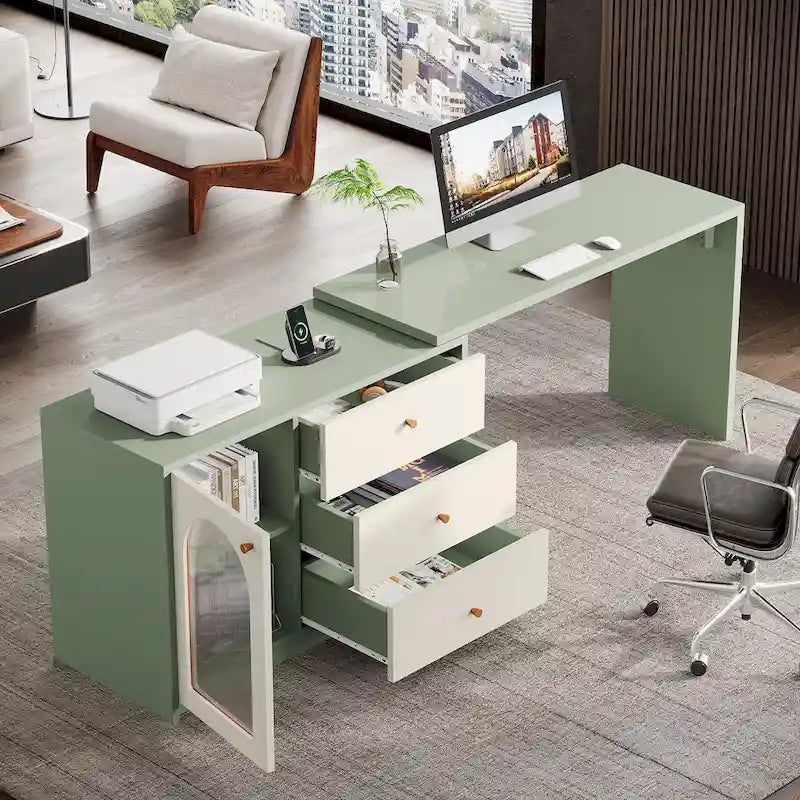 Bureau informatique moderne aspect bois avec tiroirs et armoire de rangement, Marron