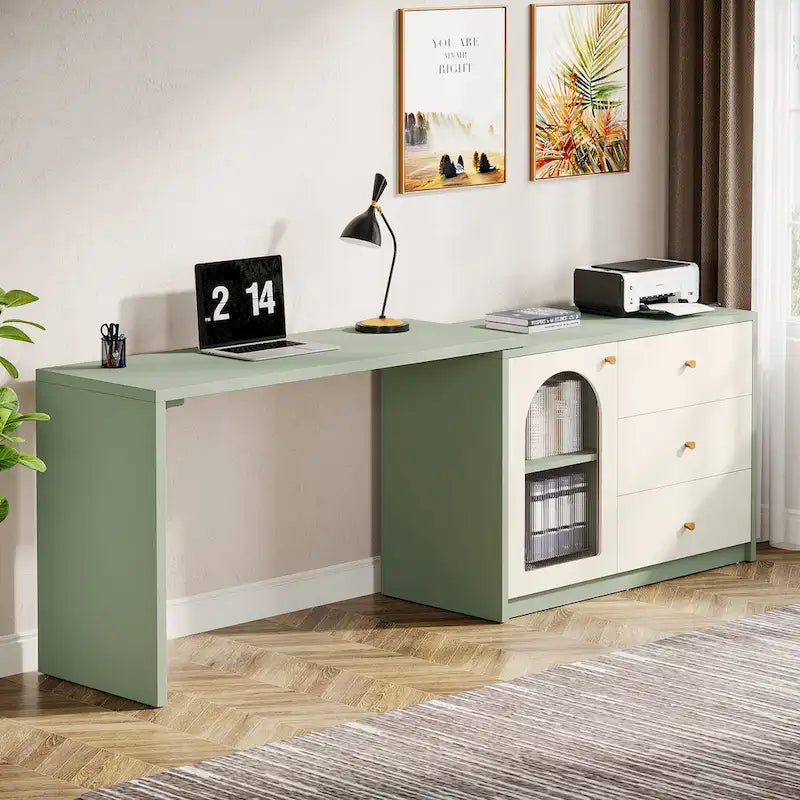Bureau informatique moderne aspect bois avec tiroirs et armoire de rangement, Marron