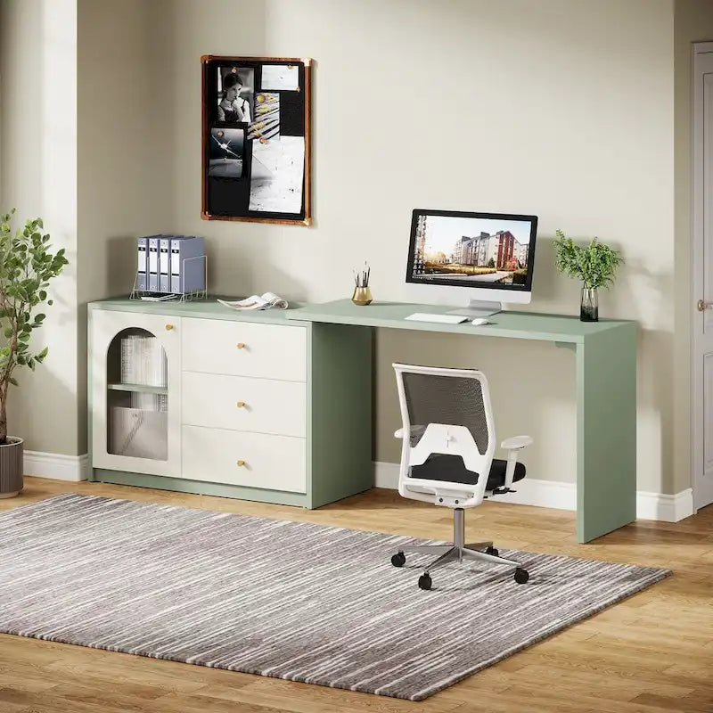 Bureau informatique moderne aspect bois avec tiroirs et armoire de rangement, Marron