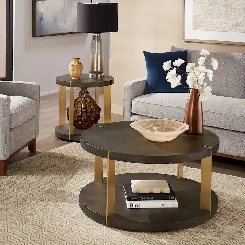 Table basse ronde en similicuir imitation galuchat brun foncé avec cadre en métal doré