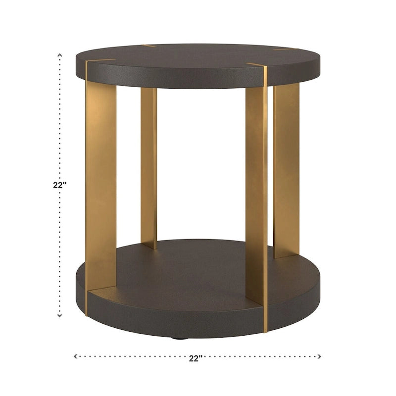 Table basse ronde en similicuir imitation galuchat brun foncé avec cadre en métal doré