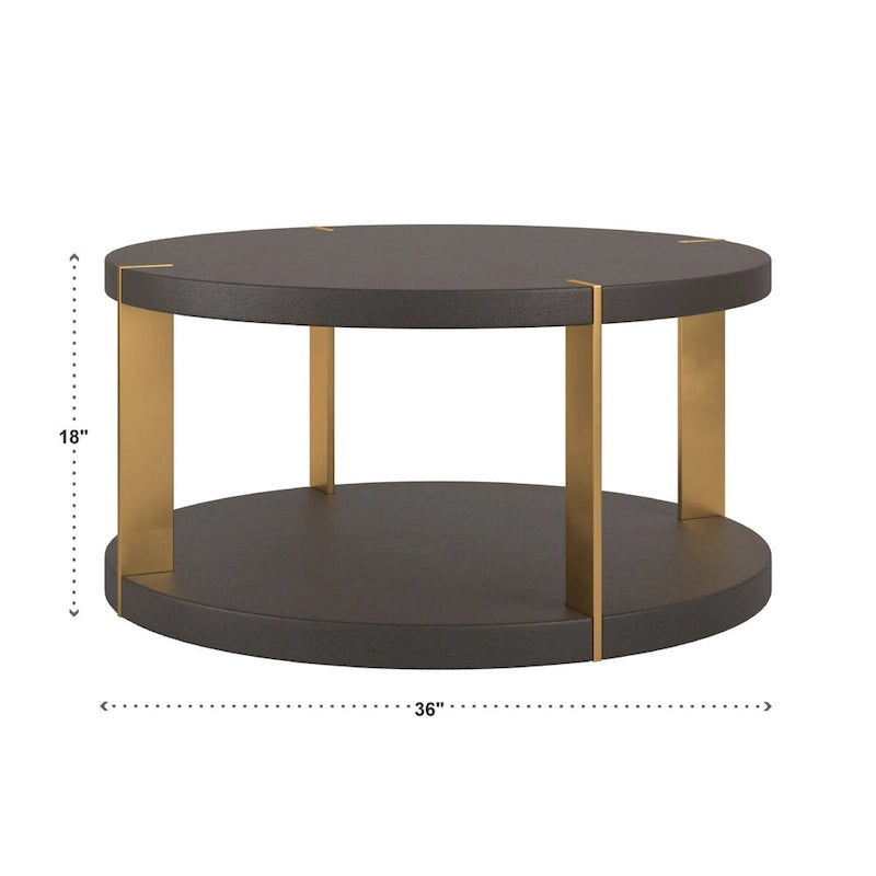 Table basse ronde en similicuir imitation galuchat brun foncé avec cadre en métal doré