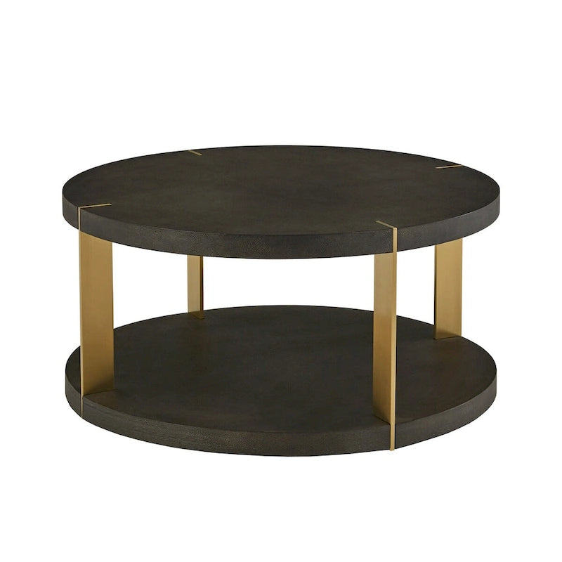 Table basse ronde en similicuir imitation galuchat brun foncé avec cadre en métal doré