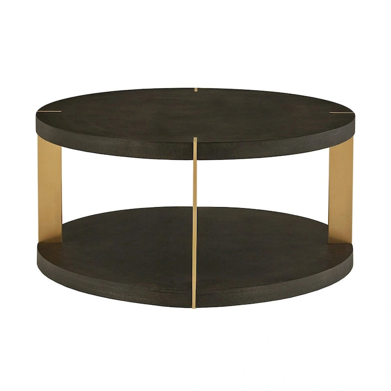Table basse ronde en similicuir imitation galuchat brun foncé avec cadre en métal doré