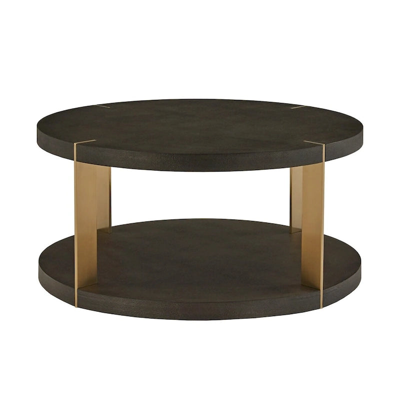 Table basse ronde en similicuir imitation galuchat brun foncé avec cadre en métal doré