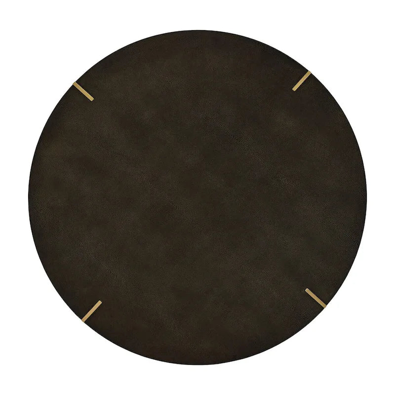 Table basse ronde en similicuir imitation galuchat brun foncé avec cadre en métal doré