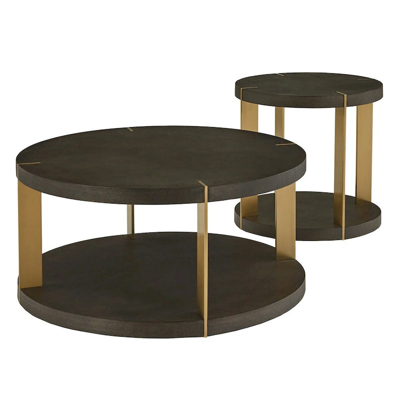 Table basse ronde en similicuir imitation galuchat brun foncé avec cadre en métal doré