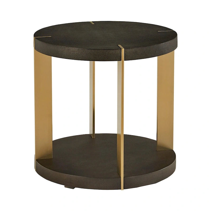 Table basse ronde en similicuir imitation galuchat brun foncé avec cadre en métal doré