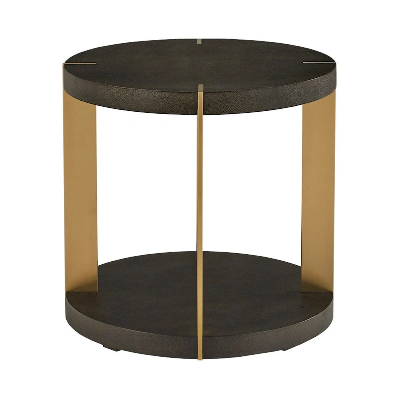 Table basse ronde en similicuir imitation galuchat brun foncé avec cadre en métal doré