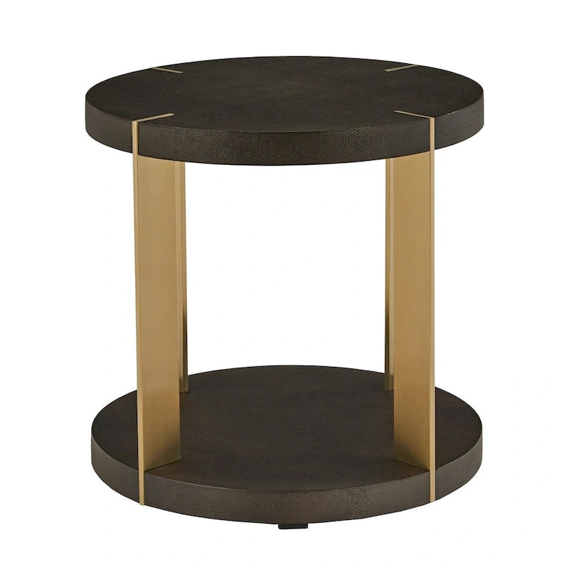 Table basse ronde en similicuir imitation galuchat brun foncé avec cadre en métal doré