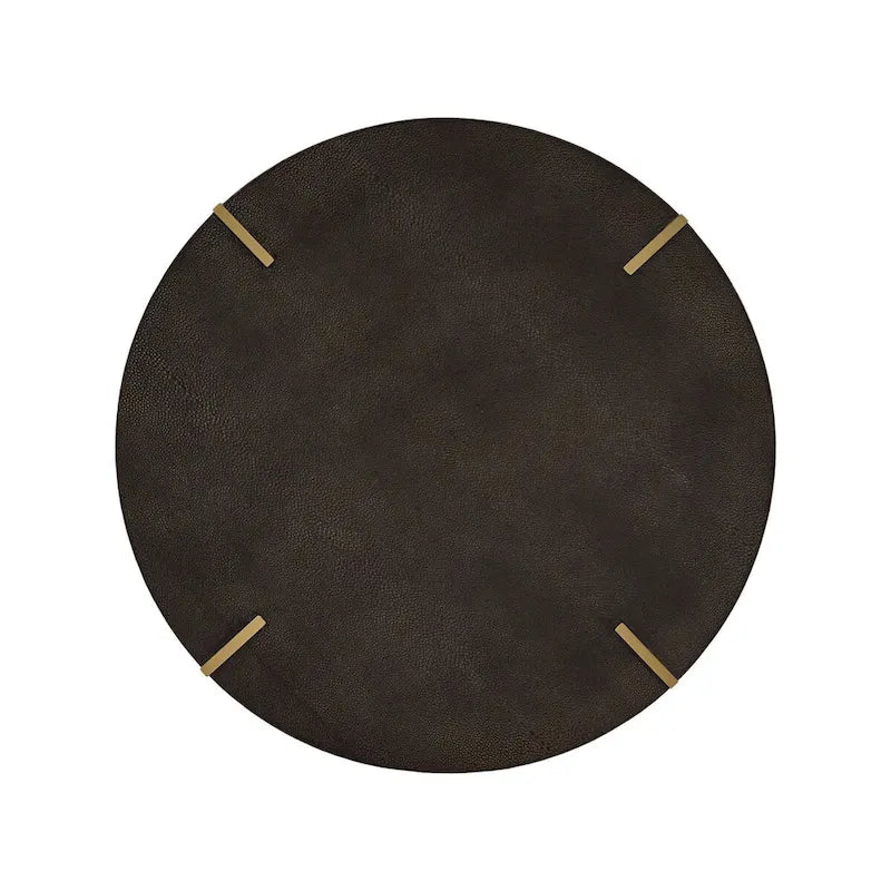 Table basse ronde en similicuir imitation galuchat brun foncé avec cadre en métal doré