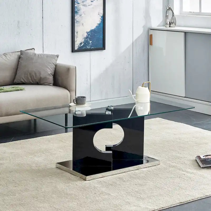 Table basse rectangulaire moderne avec plateau en verre trempé et pieds en MDF, noire ou bois naturel