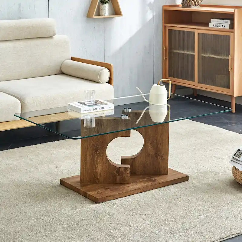 Table basse rectangulaire moderne avec plateau en verre trempé et pieds en MDF, noire ou bois naturel
