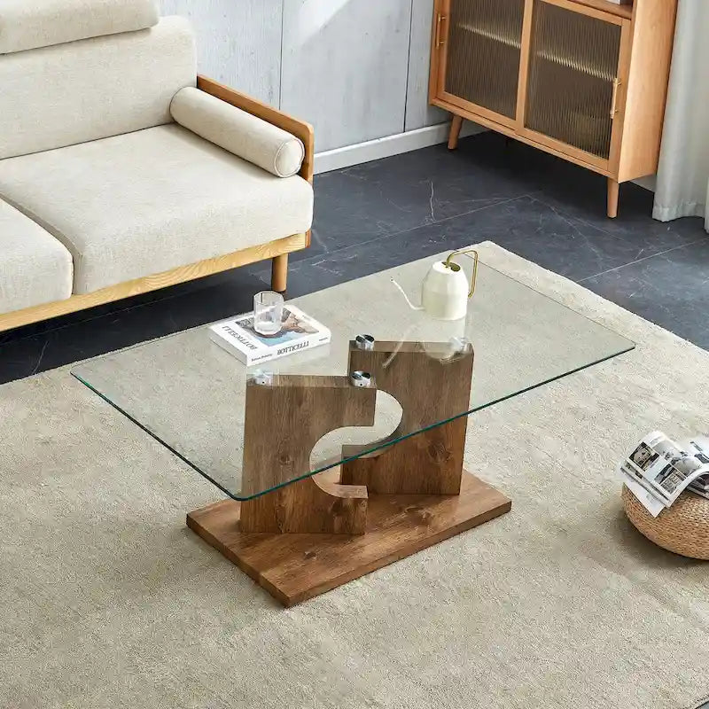 Table basse rectangulaire moderne avec plateau en verre trempé et pieds en MDF, noire ou bois naturel