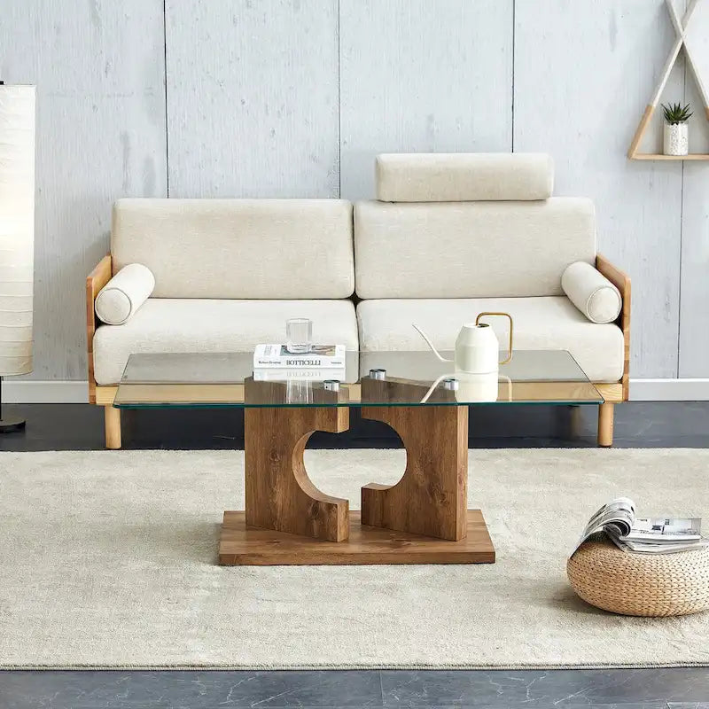 Table basse rectangulaire moderne avec plateau en verre trempé et pieds en MDF, noire ou bois naturel
