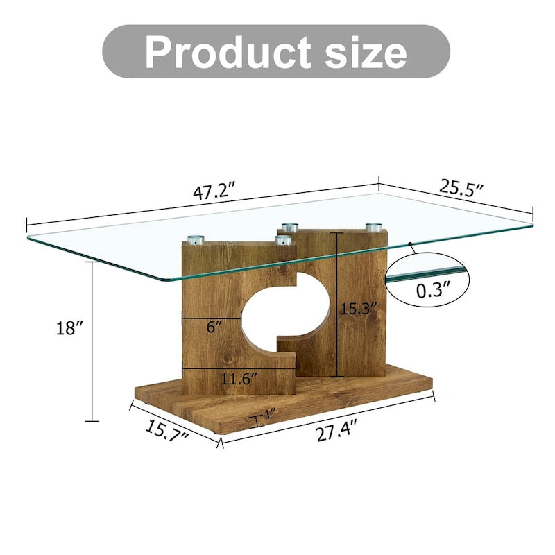 Table basse rectangulaire moderne avec plateau en verre trempé et pieds en MDF, noire ou bois naturel