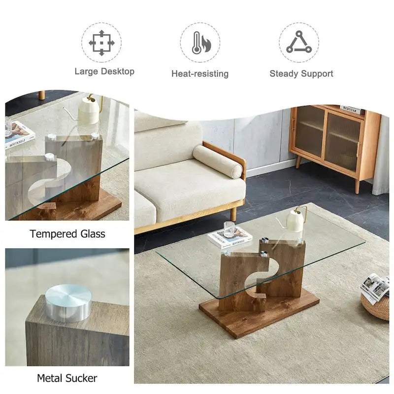 Table basse rectangulaire moderne avec plateau en verre trempé et pieds en MDF, noire ou bois naturel