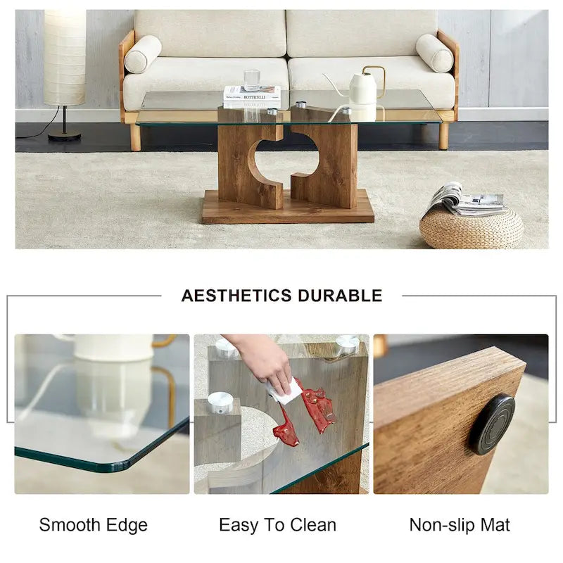Table basse rectangulaire moderne avec plateau en verre trempé et pieds en MDF, noire ou bois naturel
