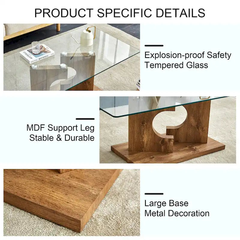 Table basse rectangulaire moderne avec plateau en verre trempé et pieds en MDF, noire ou bois naturel