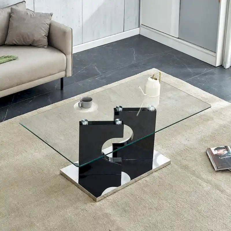 Table basse rectangulaire moderne avec plateau en verre trempé et pieds en MDF, noire ou bois naturel