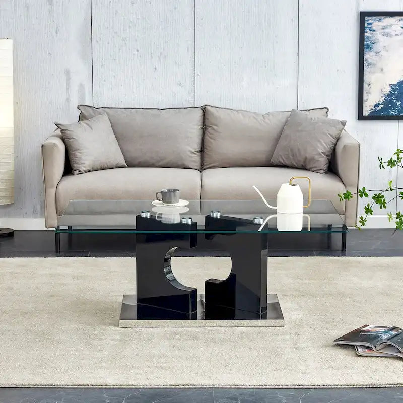 Table basse rectangulaire moderne avec plateau en verre trempé et pieds en MDF, noire ou bois naturel