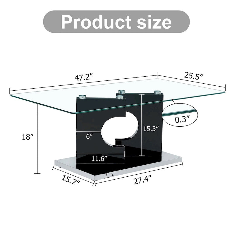Table basse rectangulaire moderne avec plateau en verre trempé et pieds en MDF, noire ou bois naturel