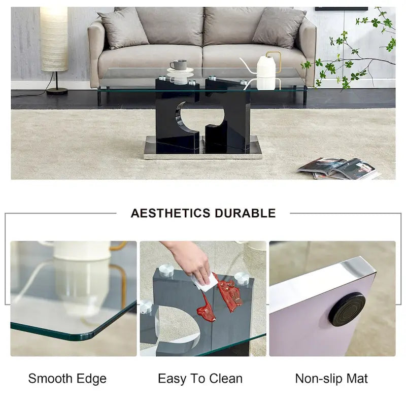 Table basse rectangulaire moderne avec plateau en verre trempé et pieds en MDF, noire ou bois naturel