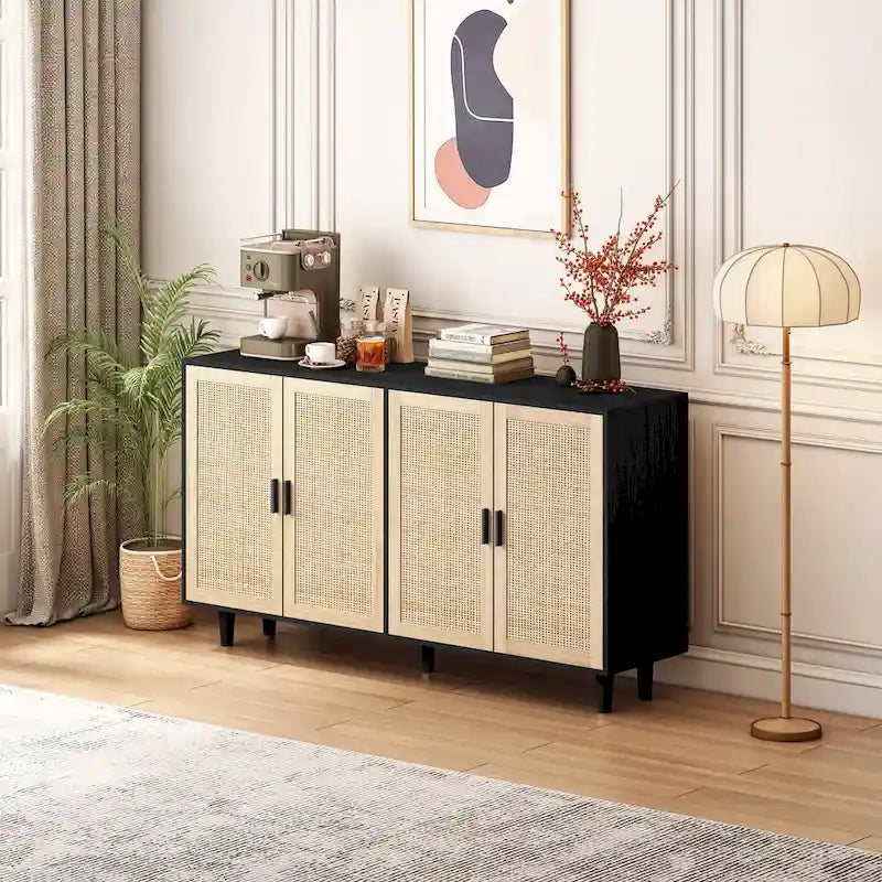 Meuble de rangement à porte en rotin avec pieds en bois massif noir
